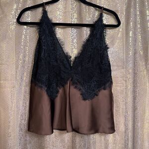 LoveShackFancy Elloryn Satin Cami Top Chocolate Brown Black Lace L NWT